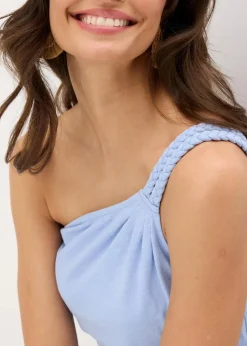 bonprix Kleider|Bekleidung·Pullover & Strickjacken^Jerseykleid mit asymmetrischem Saum und Knotendetail auf der Schulter aus Baumwolle perlblau