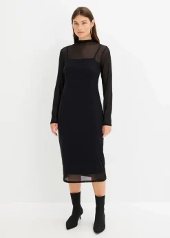 bonprix Bekleidung·Pullover & Strickjacken|Kleider^Jerseykleid mit Mesh schwarz