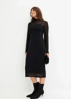 bonprix Bekleidung·Pullover & Strickjacken|Kleider^Jerseykleid mit Mesh schwarz