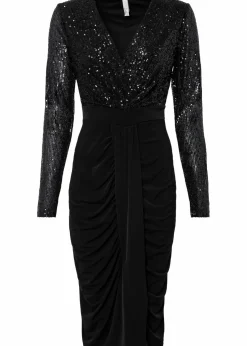 bonprix Bekleidung·Pullover & Strickjacken|Kleider^Jerseykleid mit Pailletten und Drapierung schwarz
