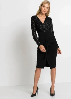 bonprix Bekleidung·Pullover & Strickjacken|Kleider^Jerseykleid mit Pailletten und Drapierung schwarz