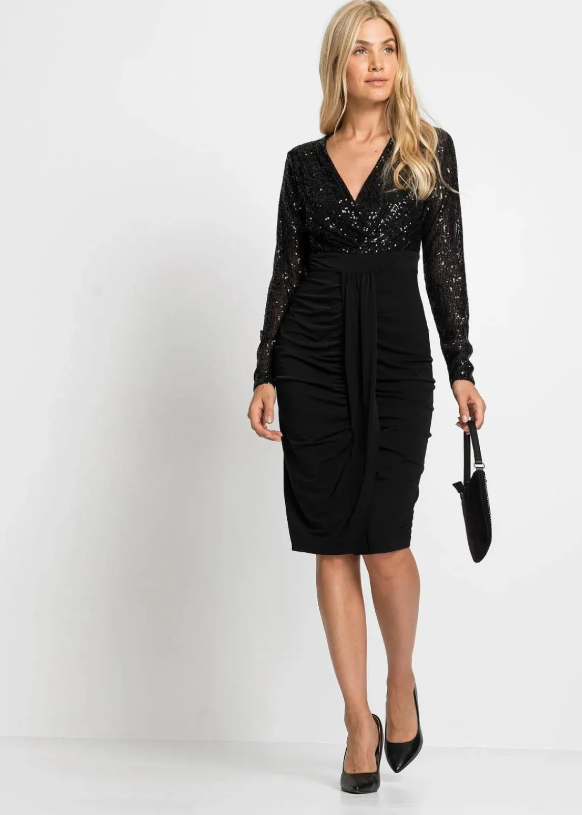 bonprix Bekleidung·Pullover & Strickjacken|Kleider^Jerseykleid mit Pailletten und Drapierung schwarz
