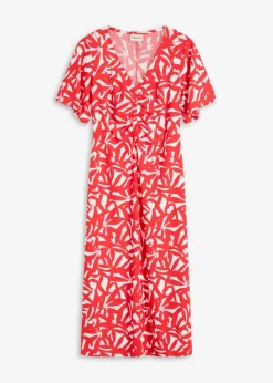 bonprix Kleider^Jerseykleid mit Raffung erdbeere/wollweiß bedruckt