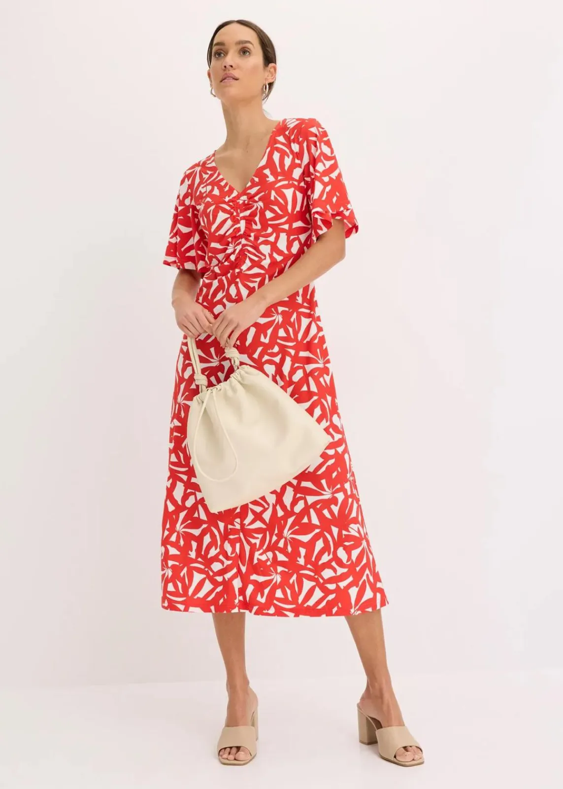 bonprix Kleider^Jerseykleid mit Raffung erdbeere/wollweiß bedruckt
