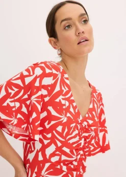 bonprix Kleider^Jerseykleid mit Raffung erdbeere/wollweiß bedruckt