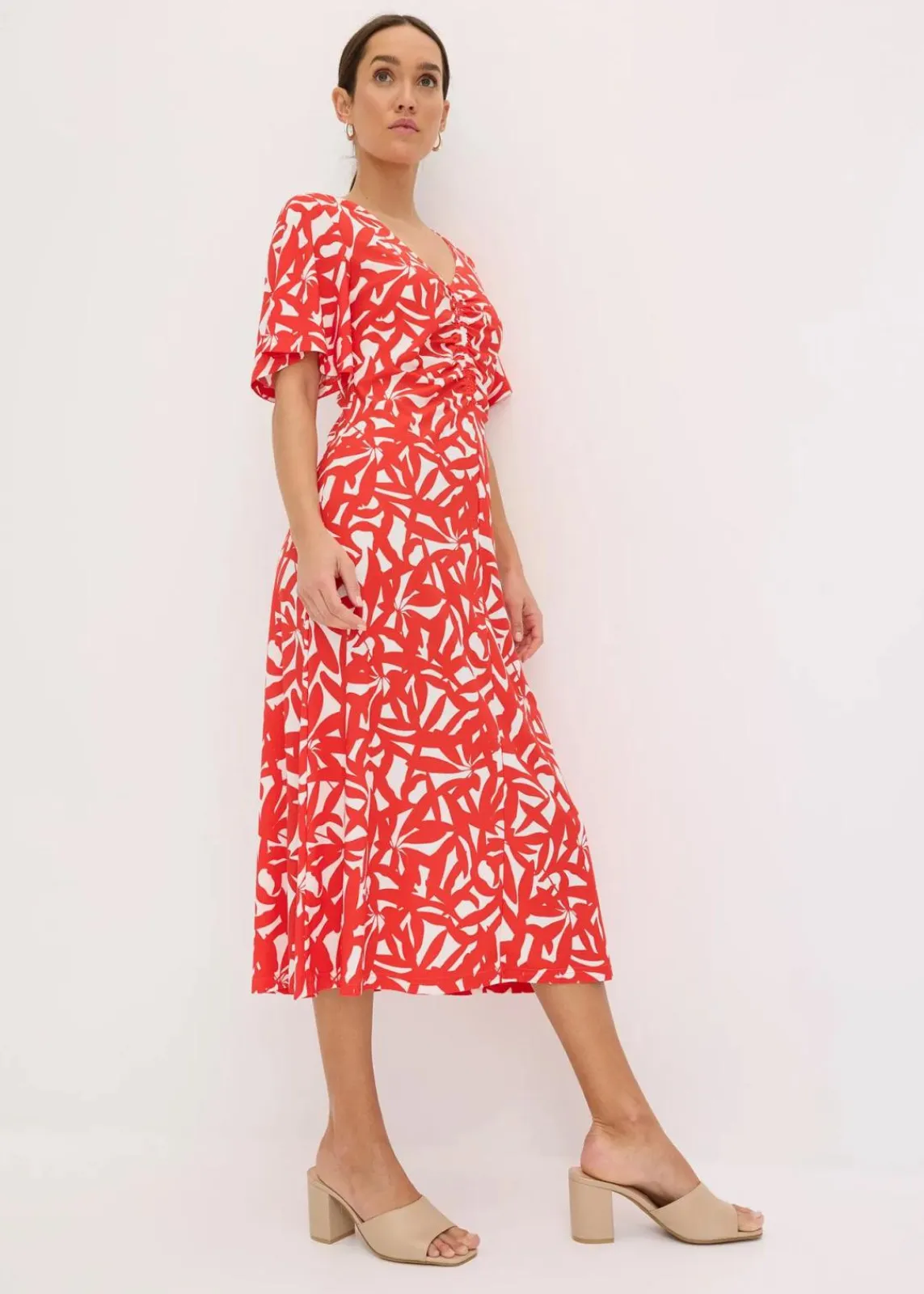 bonprix Kleider^Jerseykleid mit Raffung erdbeere/wollweiß bedruckt