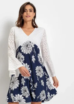 bonprix Kleider^Jerseykleid mit Spitze creme/blau floral