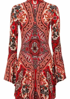 bonprix Bekleidung·Pullover & Strickjacken|Nachhaltigere Materialien^Jerseykleid mit Stehkragen und Volant-Ärmel rot/beige bedruckt