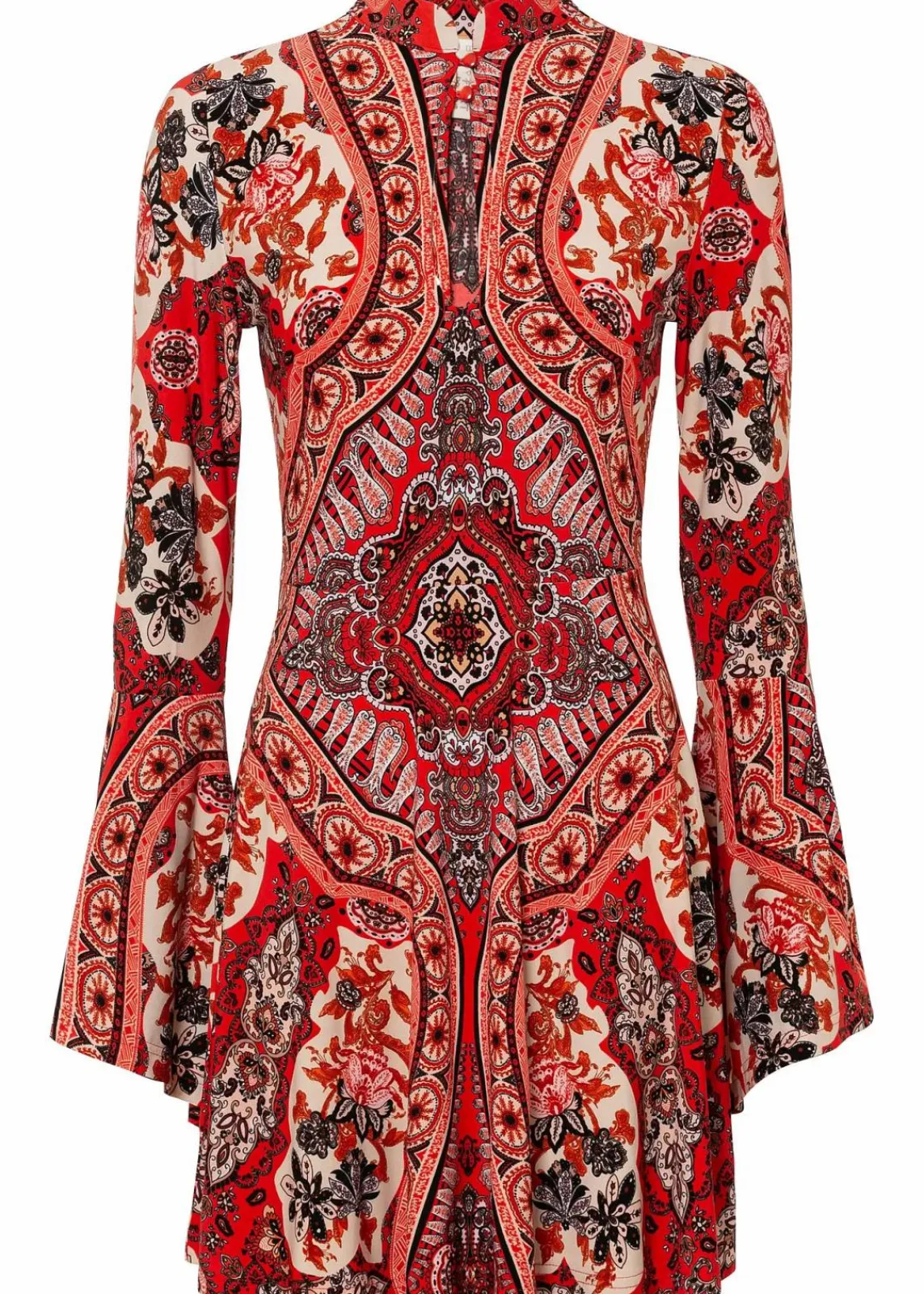 bonprix Bekleidung·Pullover & Strickjacken|Nachhaltigere Materialien^Jerseykleid mit Stehkragen und Volant-Ärmel rot/beige bedruckt