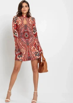 bonprix Bekleidung·Pullover & Strickjacken|Nachhaltigere Materialien^Jerseykleid mit Stehkragen und Volant-Ärmel rot/beige bedruckt