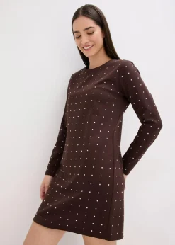 bonprix Bekleidung·Pullover & Strickjacken|Kleider^Jerseykleid mit Strass-Applikationen dunkelbraun