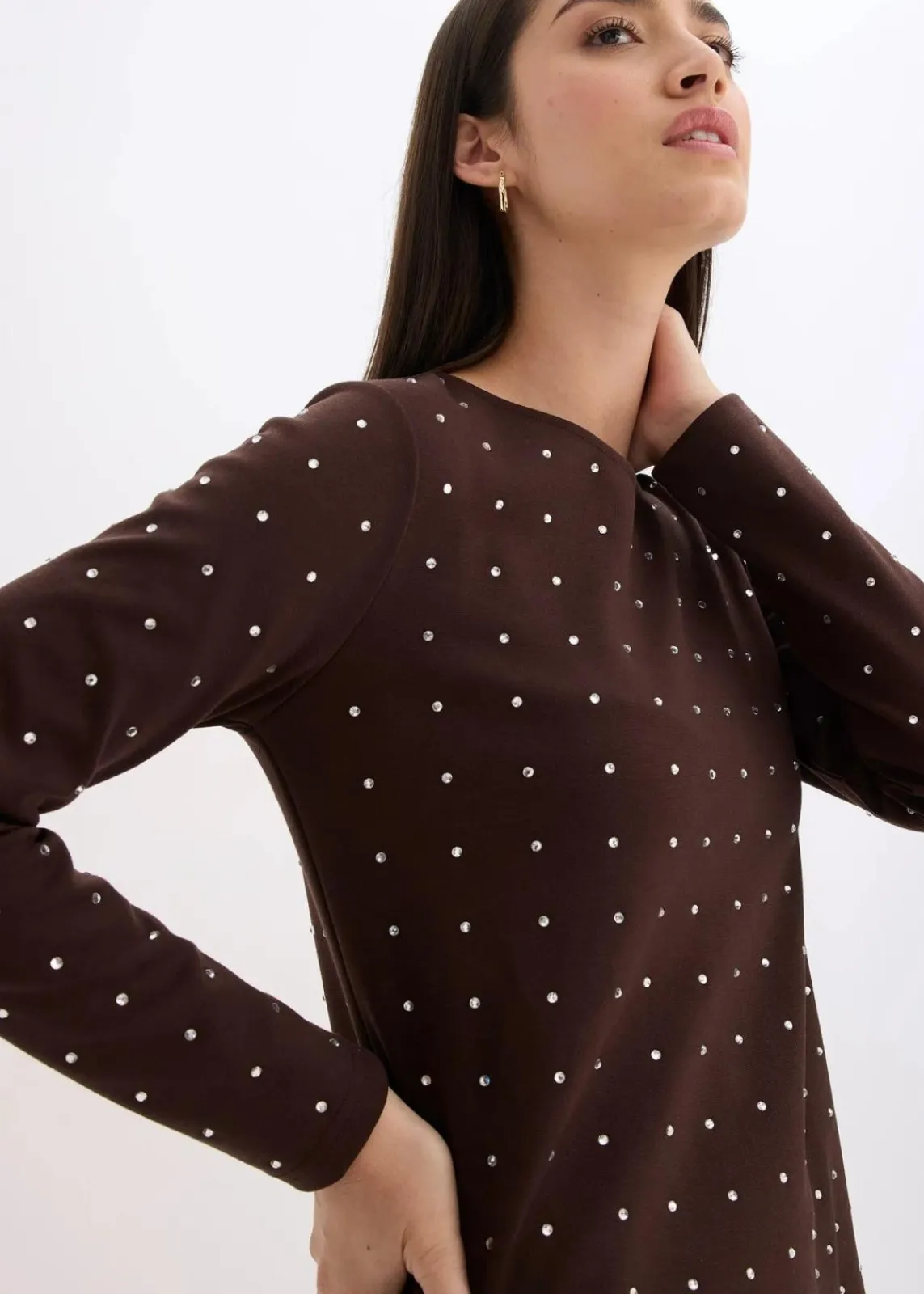 bonprix Bekleidung·Pullover & Strickjacken|Kleider^Jerseykleid mit Strass-Applikationen dunkelbraun