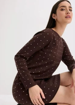 bonprix Bekleidung·Pullover & Strickjacken|Kleider^Jerseykleid mit Strass-Applikationen dunkelbraun