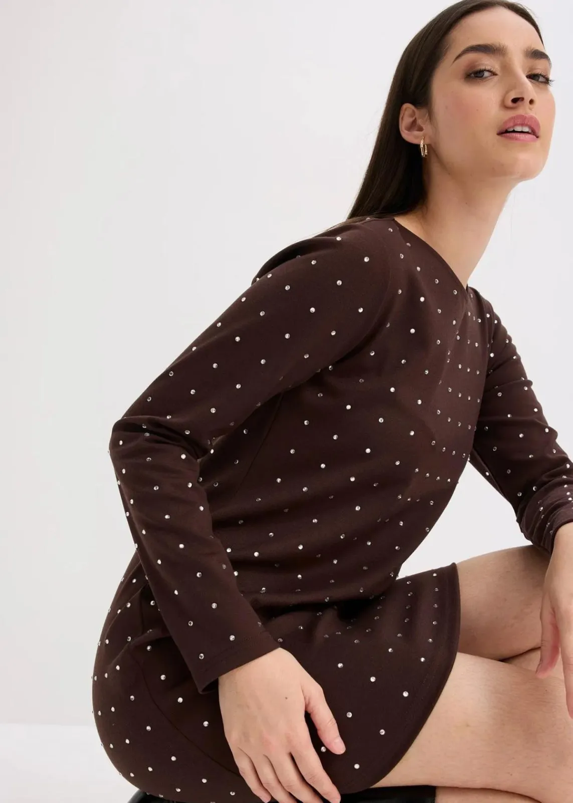 bonprix Bekleidung·Pullover & Strickjacken|Kleider^Jerseykleid mit Strass-Applikationen dunkelbraun