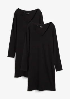 bonprix Kleider|Basics^Jerseykleid mit V-Ausschnitt (2er Pack) schwarz + schwarz