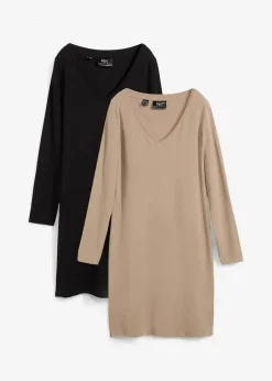 bonprix Bekleidung·Röcke|Bekleidung·Pullover & Strickjacken^Jerseykleid mit V-Ausschnitt (2er Pack) taupe+schwarz