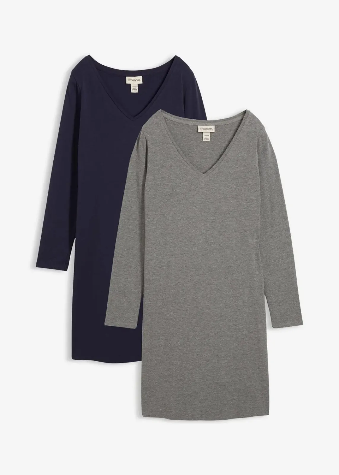 bonprix Kleider|Basics^Jerseykleid mit V-Ausschnitt (2er Pack) dunkelblau/grau meliert
