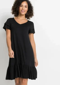 bonprix Nachhaltigere Materialien|Kleider^Jerseykleid mit Volant aus Viskose-Mix schwarz