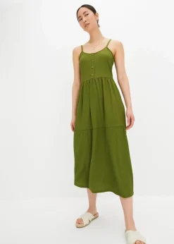 bonprix Bekleidung·Pullover & Strickjacken|Kleider^Jersey-Kleid mit Volants und dekorativer Knopfleiste dunkelmoos