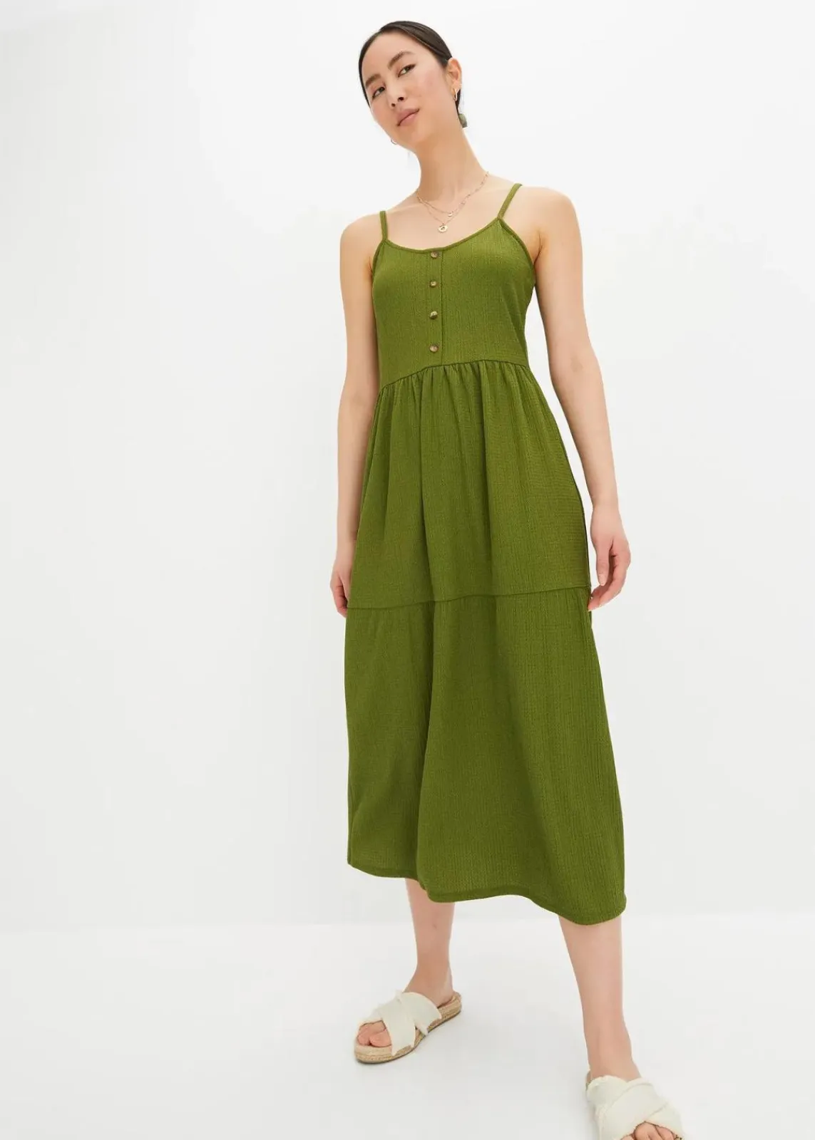 bonprix Bekleidung·Pullover & Strickjacken|Kleider^Jersey-Kleid mit Volants und dekorativer Knopfleiste dunkelmoos