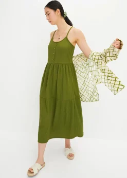bonprix Bekleidung·Pullover & Strickjacken|Kleider^Jersey-Kleid mit Volants und dekorativer Knopfleiste dunkelmoos
