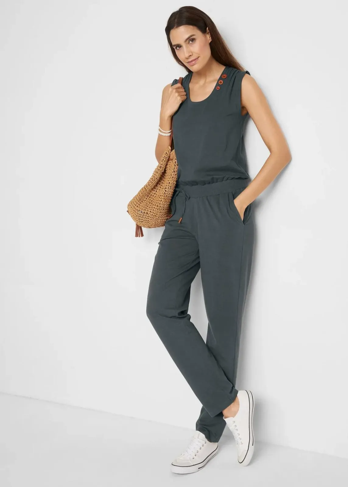 bonprix Jumpsuits|Bekleidung·Homewear^Jersey-Overall aus Baumwoll-Mix anthrazit meliert