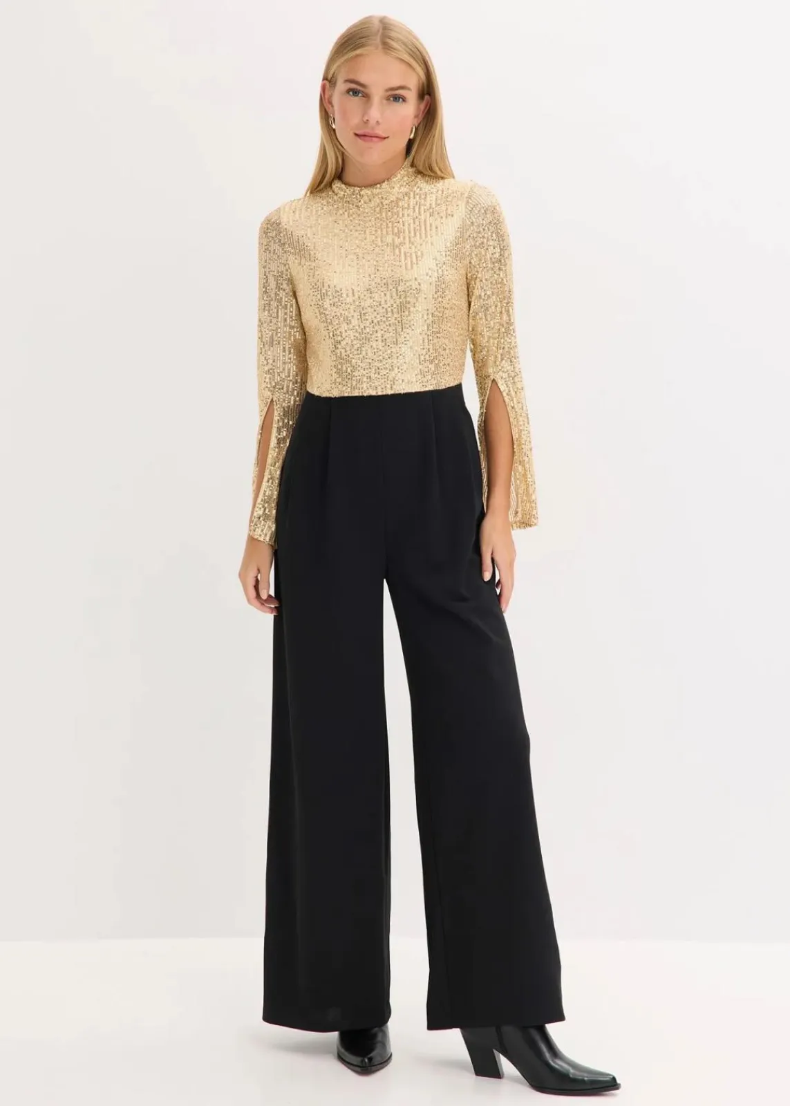 bonprix Jumpsuits|Bekleidung·Homewear^Jersey-Overall mit Pailletten gold/schwarz