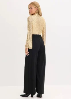 bonprix Jumpsuits|Bekleidung·Homewear^Jersey-Overall mit Pailletten gold/schwarz