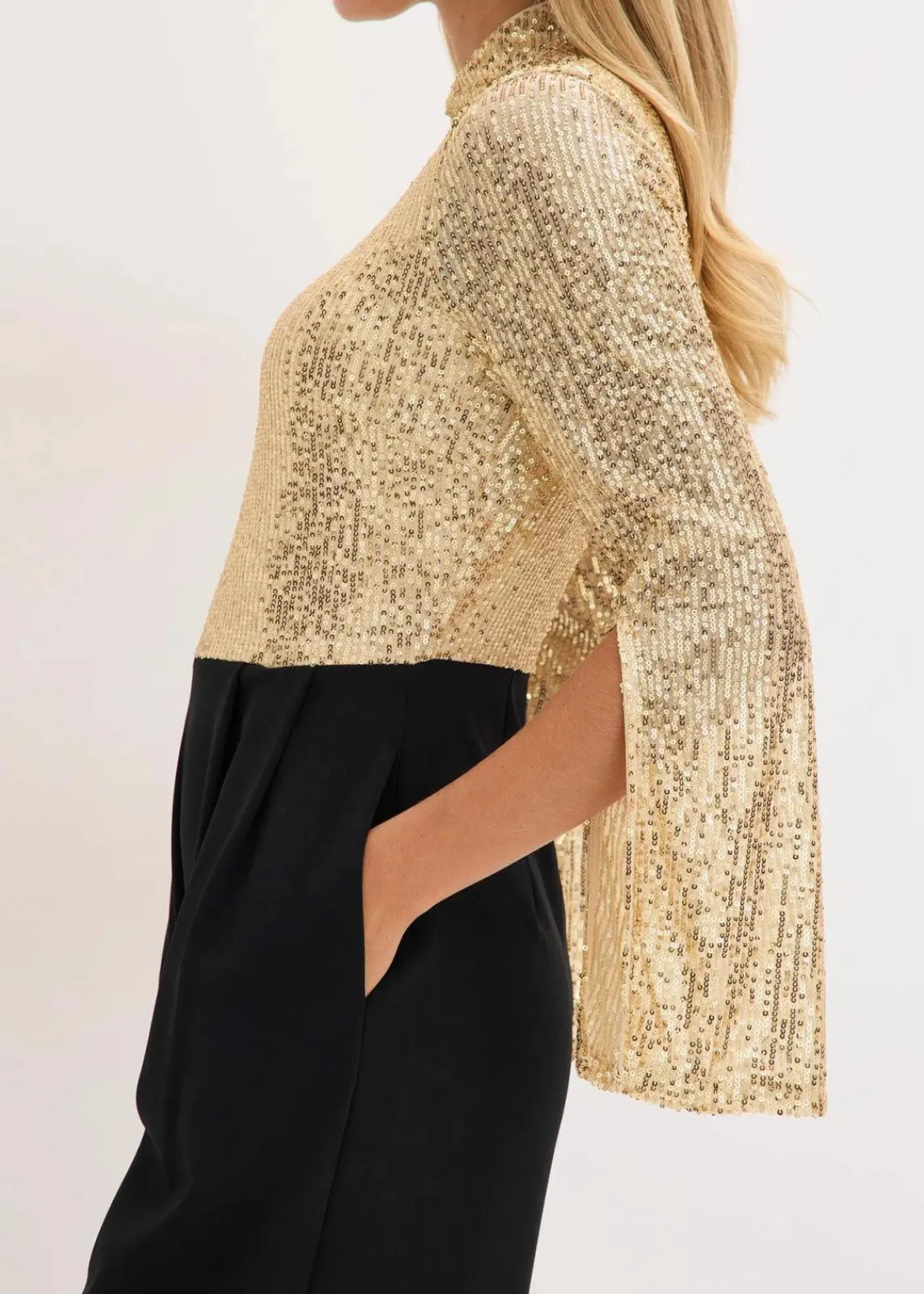 bonprix Jumpsuits|Bekleidung·Homewear^Jersey-Overall mit Pailletten gold/schwarz