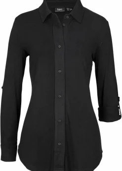 bonprix Nachhaltigere Materialien|Shirts & Tops^Jersey-Shirtbluse, lang schwarz