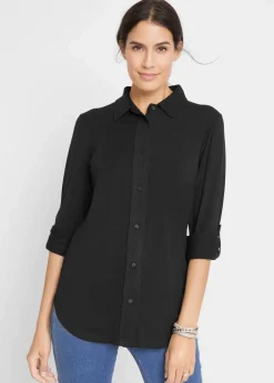 bonprix Nachhaltigere Materialien|Shirts & Tops^Jersey-Shirtbluse, lang schwarz