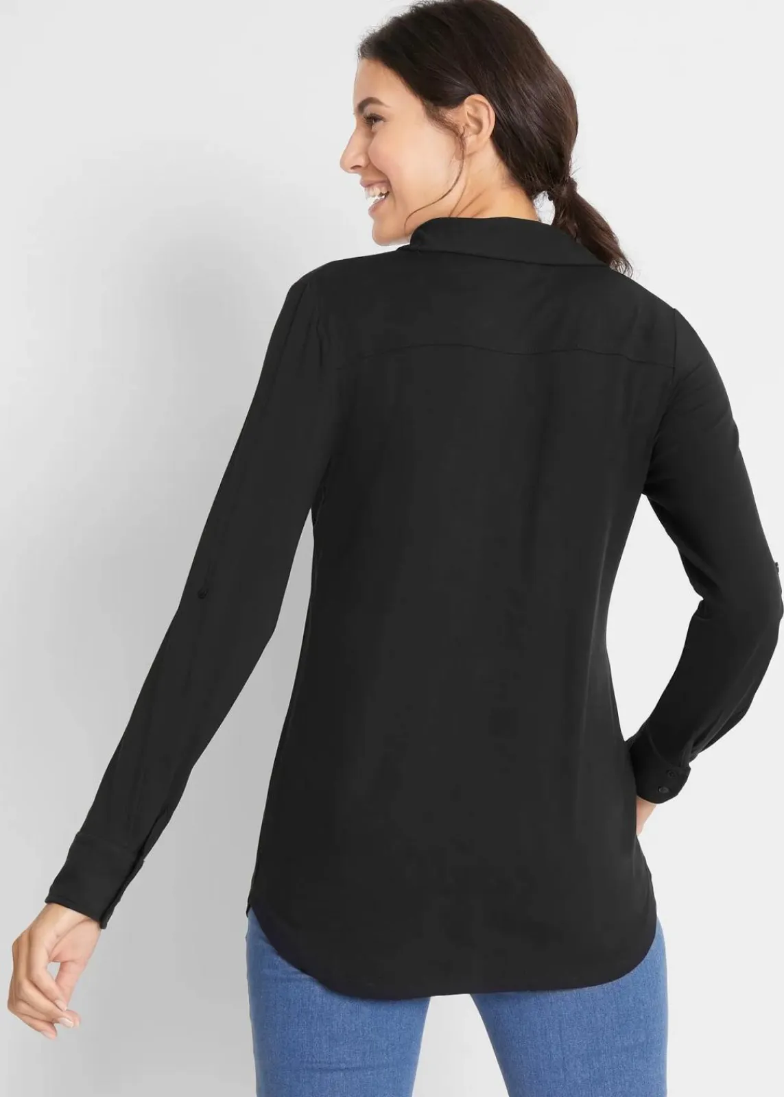 bonprix Nachhaltigere Materialien|Shirts & Tops^Jersey-Shirtbluse, lang schwarz