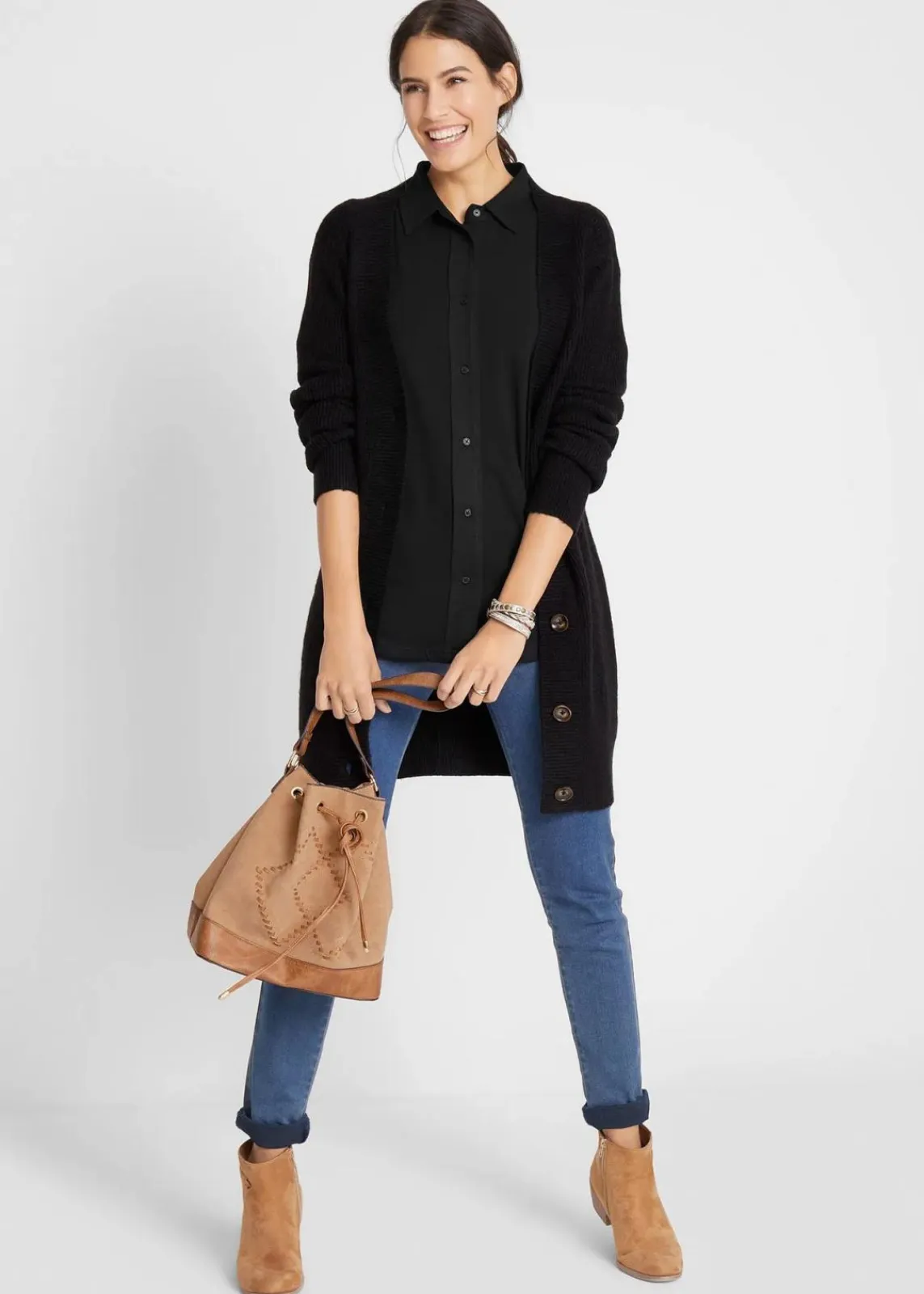 bonprix Nachhaltigere Materialien|Shirts & Tops^Jersey-Shirtbluse, lang schwarz