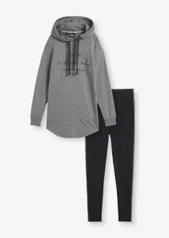 bonprix Sweat|Bekleidung·Kleider^Jogginganzug mit Long-Sweatshirt und Leggings (2-teilig) grau meliert/schwarz