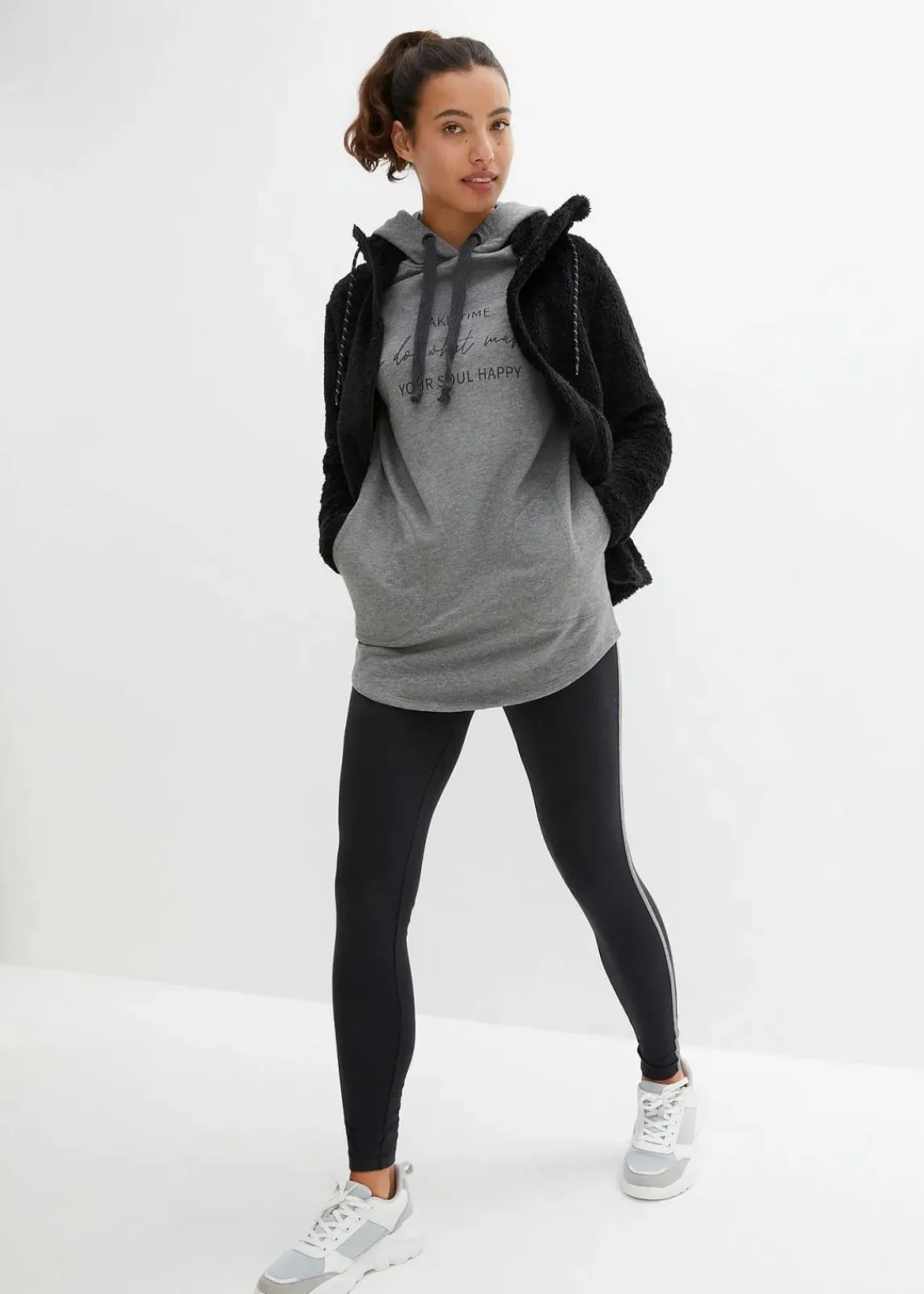 bonprix Sweat|Bekleidung·Kleider^Jogginganzug mit Long-Sweatshirt und Leggings (2-teilig) grau meliert/schwarz