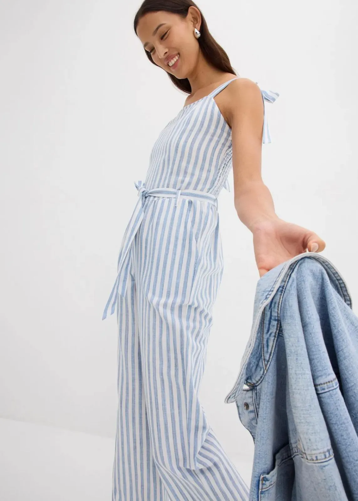 bonprix Jumpsuits^Jumpsuit aus Baumwoll-Leinen Mix blau/weiß längs gestreift