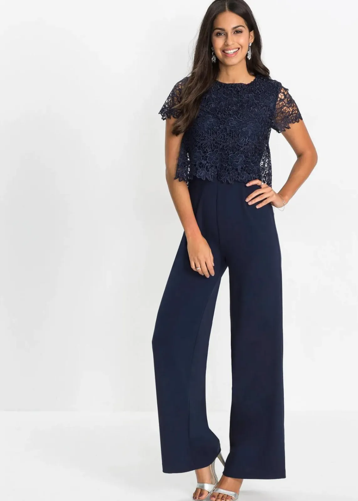 bonprix Festliche Mode|Jumpsuits^Jumpsuit aus softem Scuba mit Spitze dunkelblau