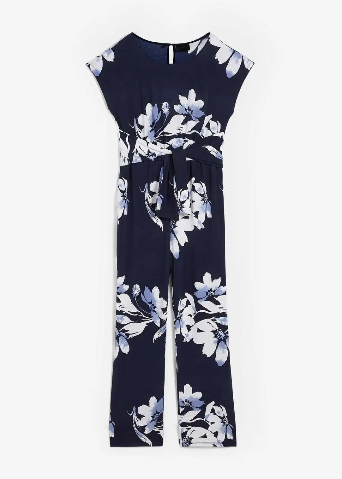 bonprix Kurzgrößen|Bekleidung·Homewear^Jumpsuit mit Bindeband dunkelblau/weiß geblümt
