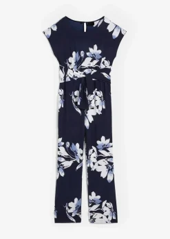 bonprix Jumpsuits|Kurzgrößen^Jumpsuit mit Bindeband dunkelblau/weiß geblümt