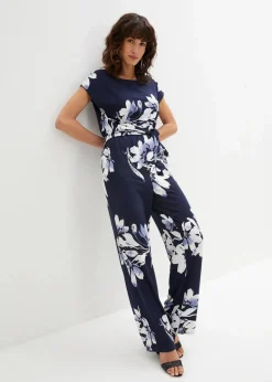 bonprix Jumpsuits|Kurzgrößen^Jumpsuit mit Bindeband dunkelblau/weiß geblümt