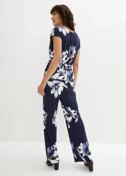 bonprix Jumpsuits|Kurzgrößen^Jumpsuit mit Bindeband dunkelblau/weiß geblümt