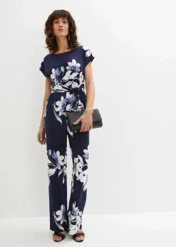 bonprix Jumpsuits|Kurzgrößen^Jumpsuit mit Bindeband dunkelblau/weiß geblümt