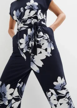 bonprix Jumpsuits|Kurzgrößen^Jumpsuit mit Bindeband dunkelblau/weiß geblümt