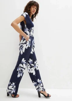 bonprix Jumpsuits|Kurzgrößen^Jumpsuit mit Bindeband dunkelblau/weiß geblümt