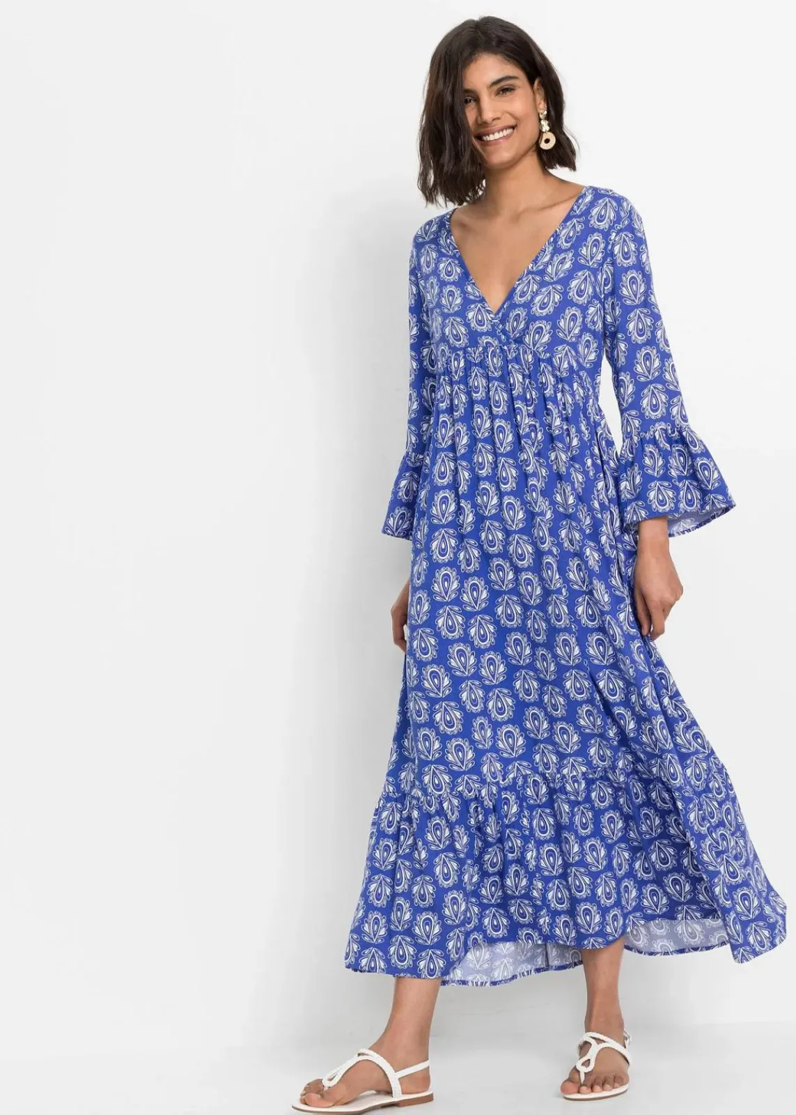 bonprix Bekleidung·Pullover & Strickjacken|Kleider^Kaftan-Kleid edelsteinblau bedruckt