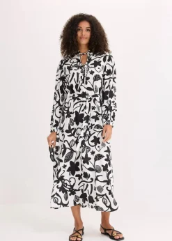 bonprix Bekleidung·Pullover & Strickjacken|Kleider^Kaftan-Kleid aus fließender Viskose schwarz/cremeweiß bedruckt