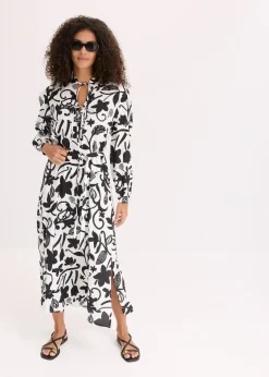 bonprix Bekleidung·Pullover & Strickjacken|Kleider^Kaftan-Kleid aus fließender Viskose schwarz/cremeweiß bedruckt