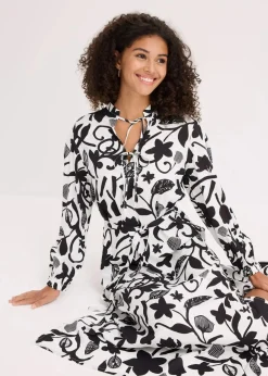 bonprix Bekleidung·Pullover & Strickjacken|Kleider^Kaftan-Kleid aus fließender Viskose schwarz/cremeweiß bedruckt