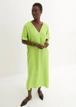 bonprix Nachhaltigere Materialien|Premium^Kaftan-Kleid aus reinem Leinen limonengrün
