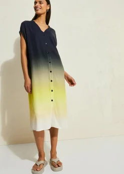 bonprix Bekleidung·Pullover & Strickjacken|Kleider^Kaftan-Kleid aus Viskose schwarz/zitrusgelb/naturbeige